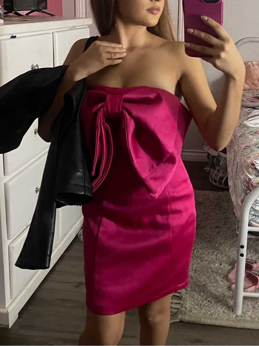 Strapless Satin Mini Dress with Front Bow in Hot Pink